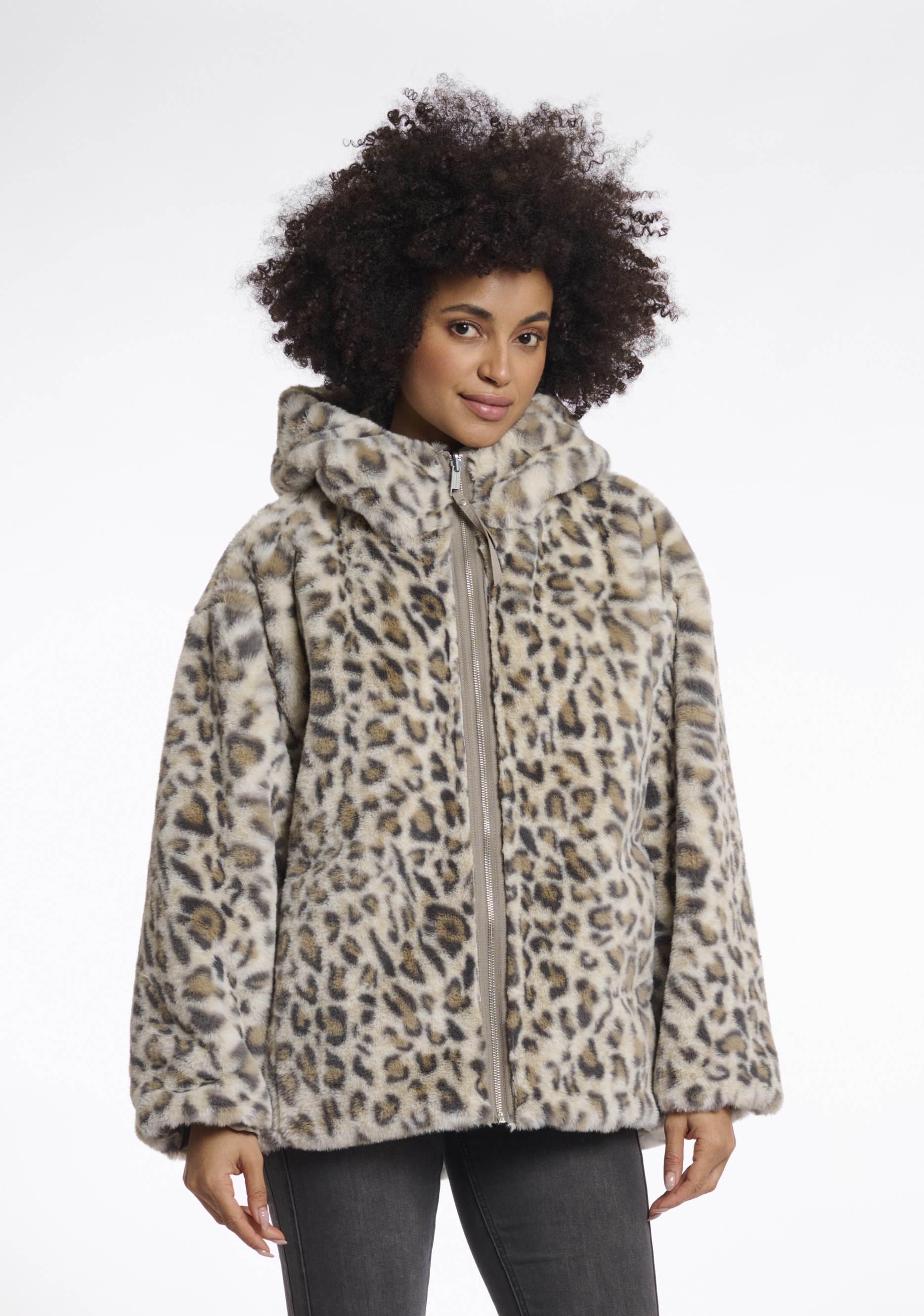 RINO & PELLE Wendejacke mit Leoprint "Ines- Light pebble" – Kunstfell – Damenjacke – Wintermantel –  Heller Kieselstein