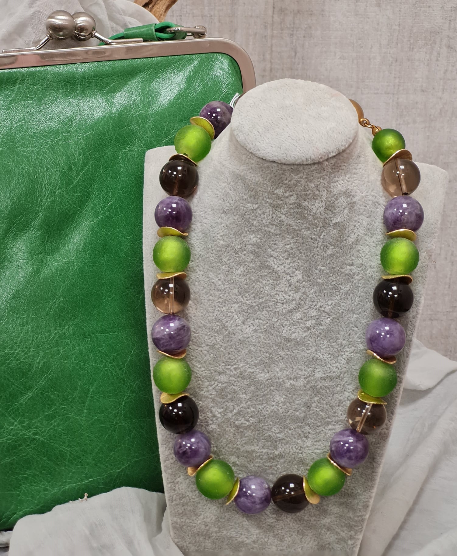Kette – Edelsteinkette – Collier –Murano Glas – Rauchquarz „Olivia“
