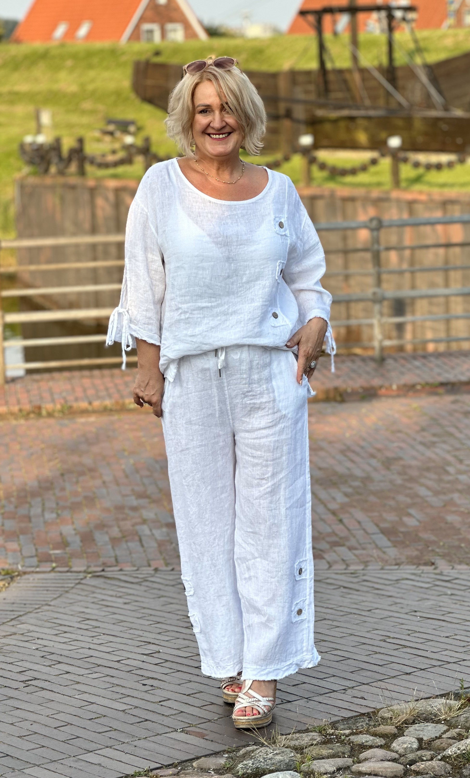 Leinen SET: Culotte Hose mit Bluse – Zweiteiler Damen – wie Jumpsuit Sommerset "Lena"