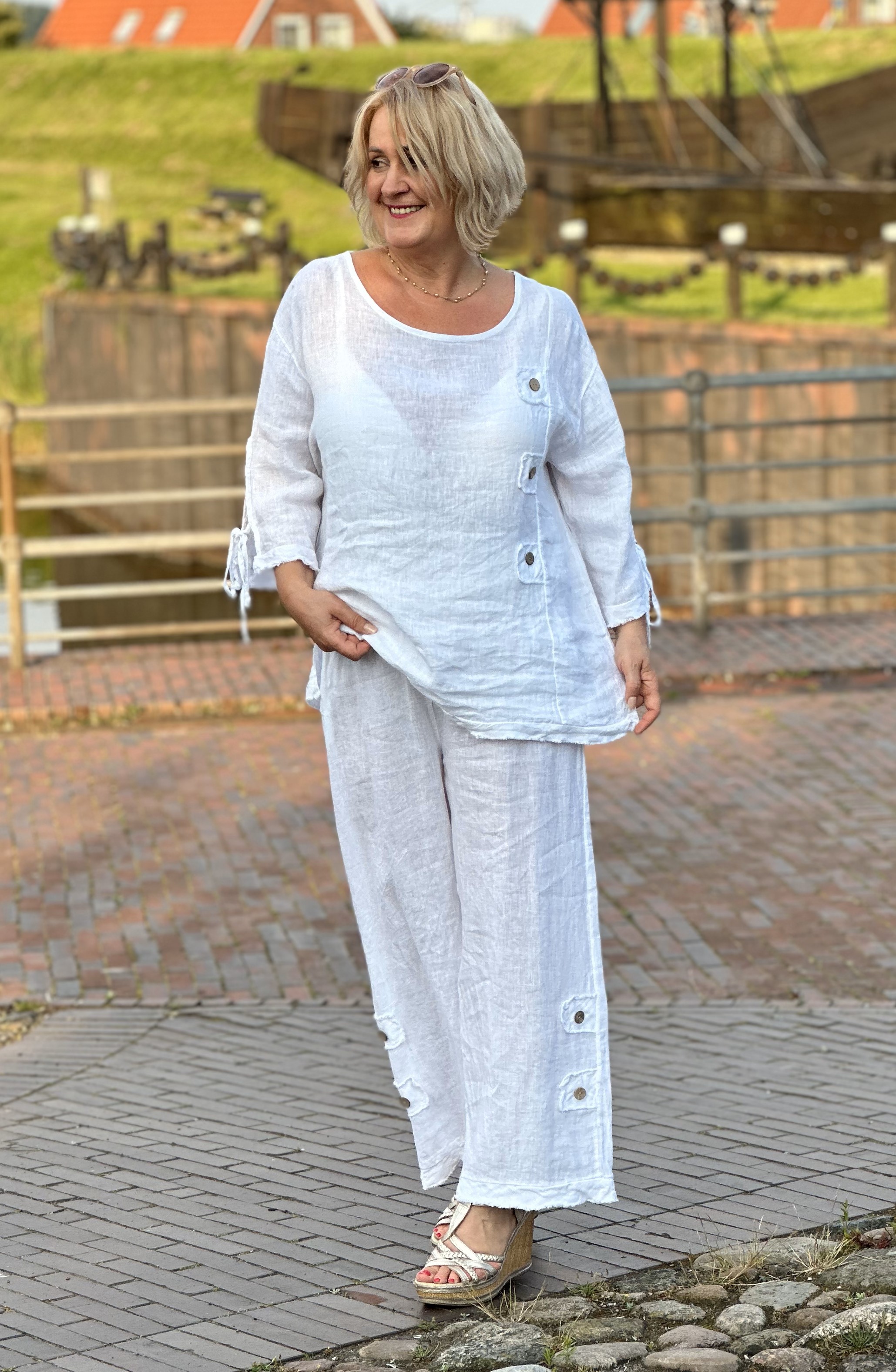 Leinen SET: Culotte Hose mit Bluse – Zweiteiler Damen – wie Jumpsuit Sommerset "Lena"
