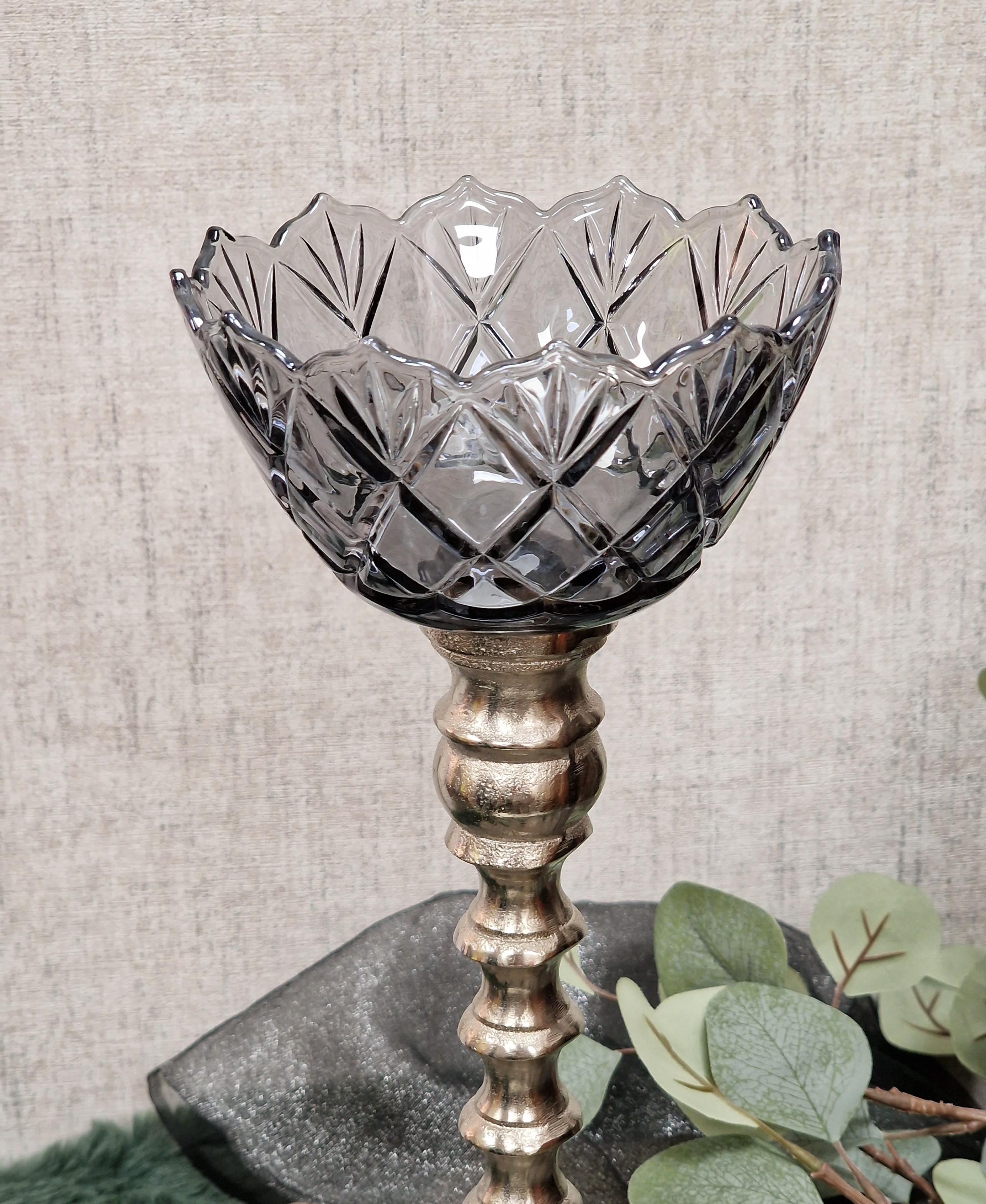 KRÖMER Teelichtaufsatz, Windlichtaufsatz, Aufsatzglas  "FIORI Smoke" für Kerzenleuchter – Glasaufsatz – Teelichtglas – Kerzenglas klar mit Schliff  für Kerzenständer  