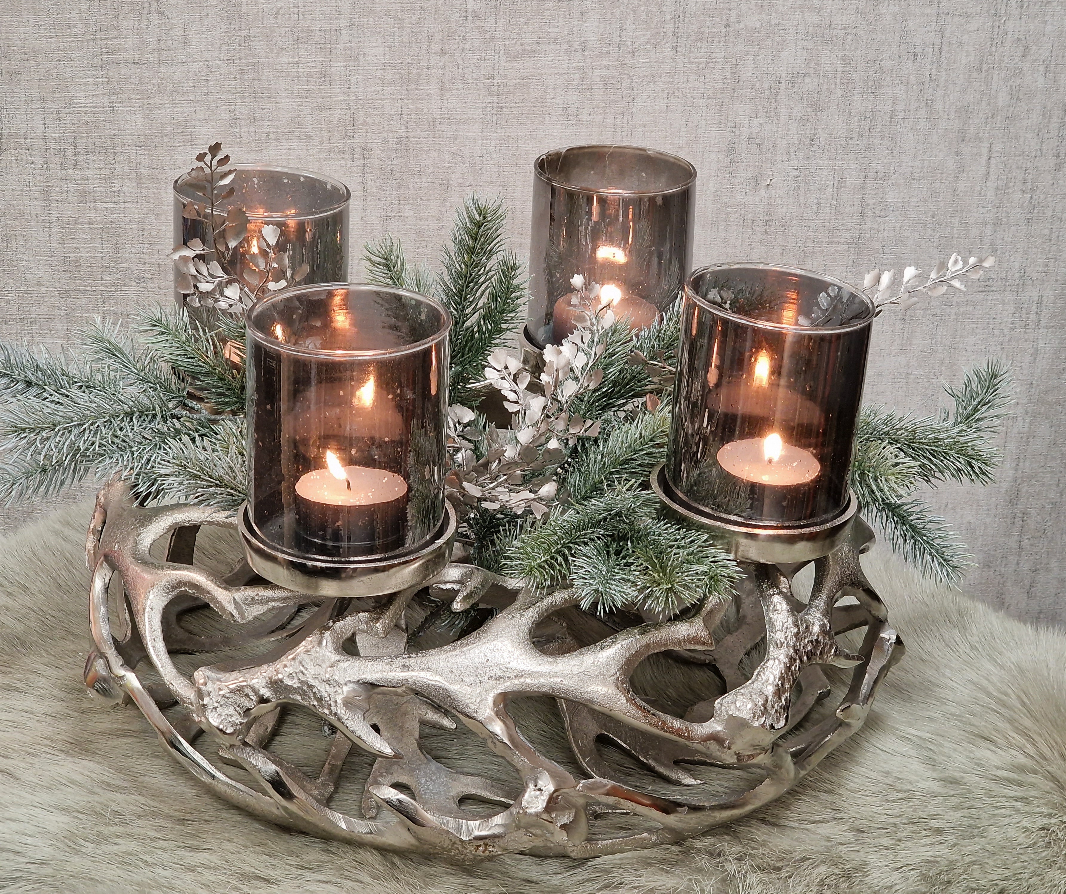 Adventskranz   Alu Silber Ø45cm – Kerzenhalter Kranz Geweih 