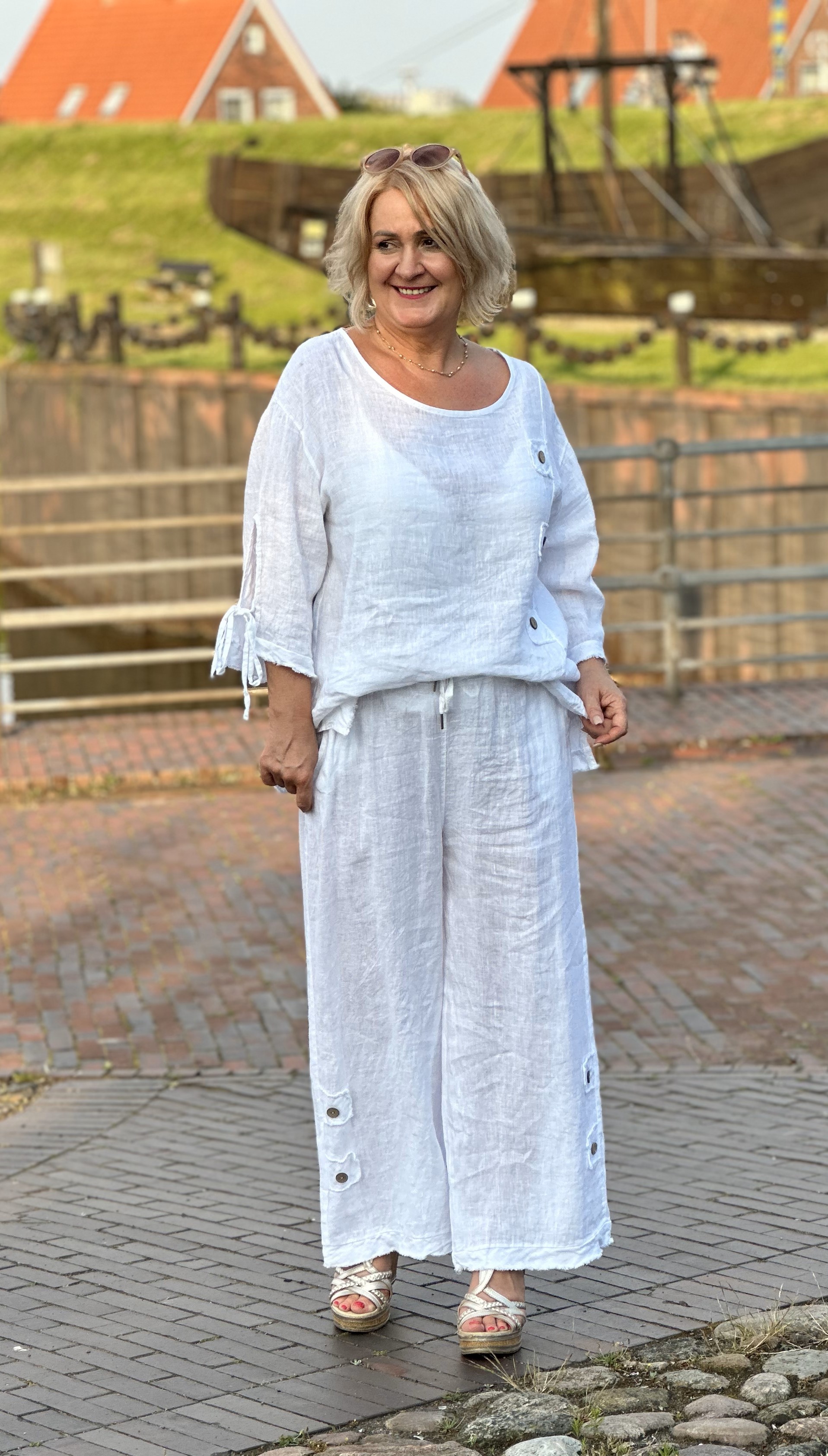 Leinen SET: Culotte Hose mit Bluse – Zweiteiler Damen – wie Jumpsuit Sommerset "Lena"
