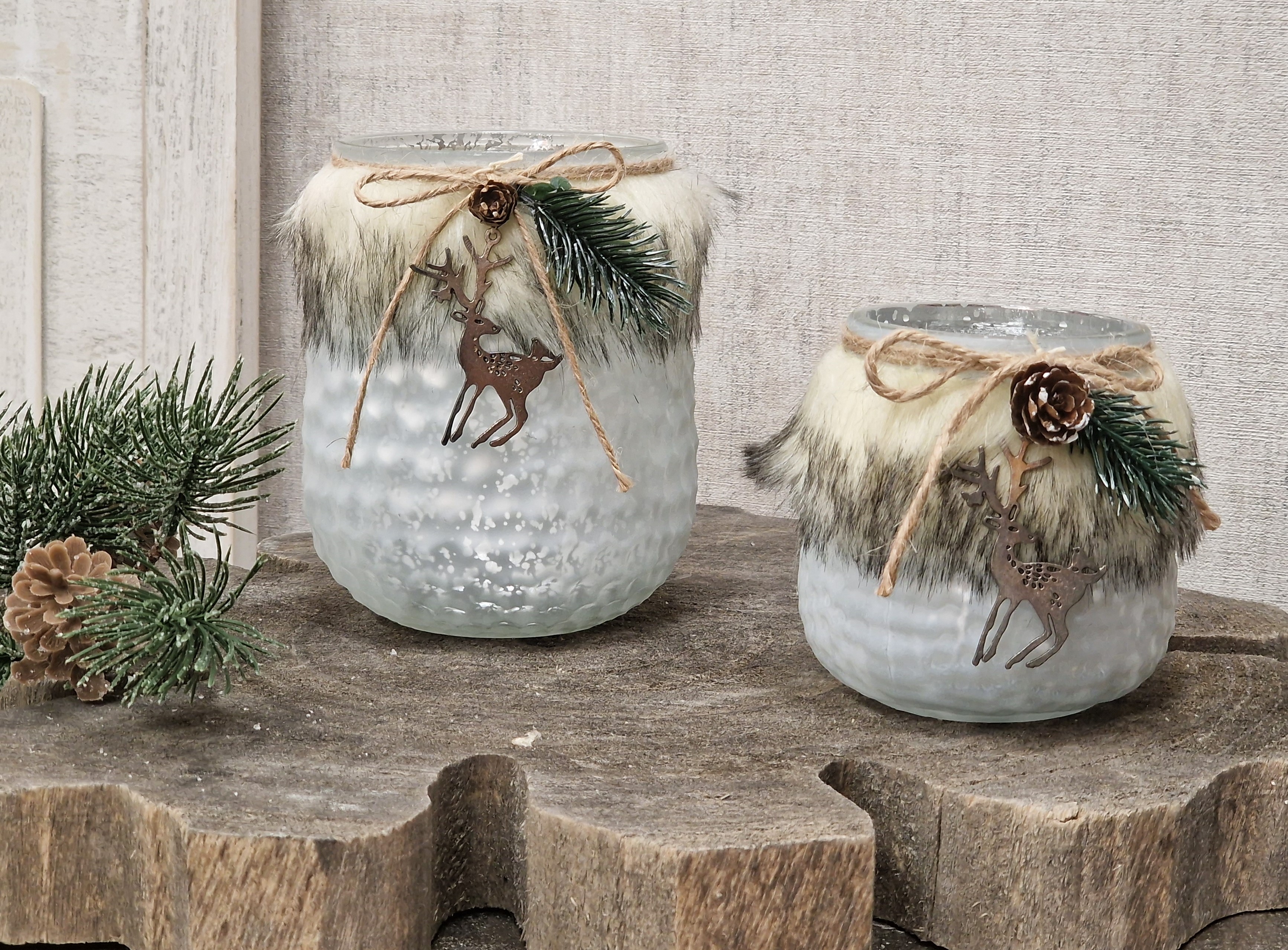 Windlicht braun mit Kunstfell – Teelicht Glas – Teelichthalter