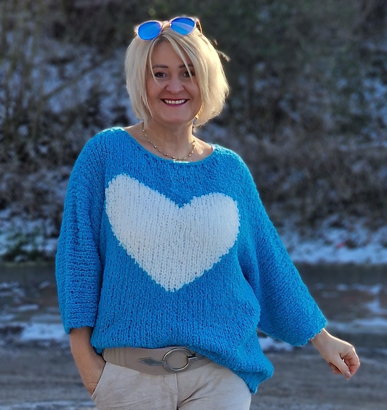 leichter Boucle-Pullover "Herz" – oversized Druck-Pullover – Damenpullover – Pulli  