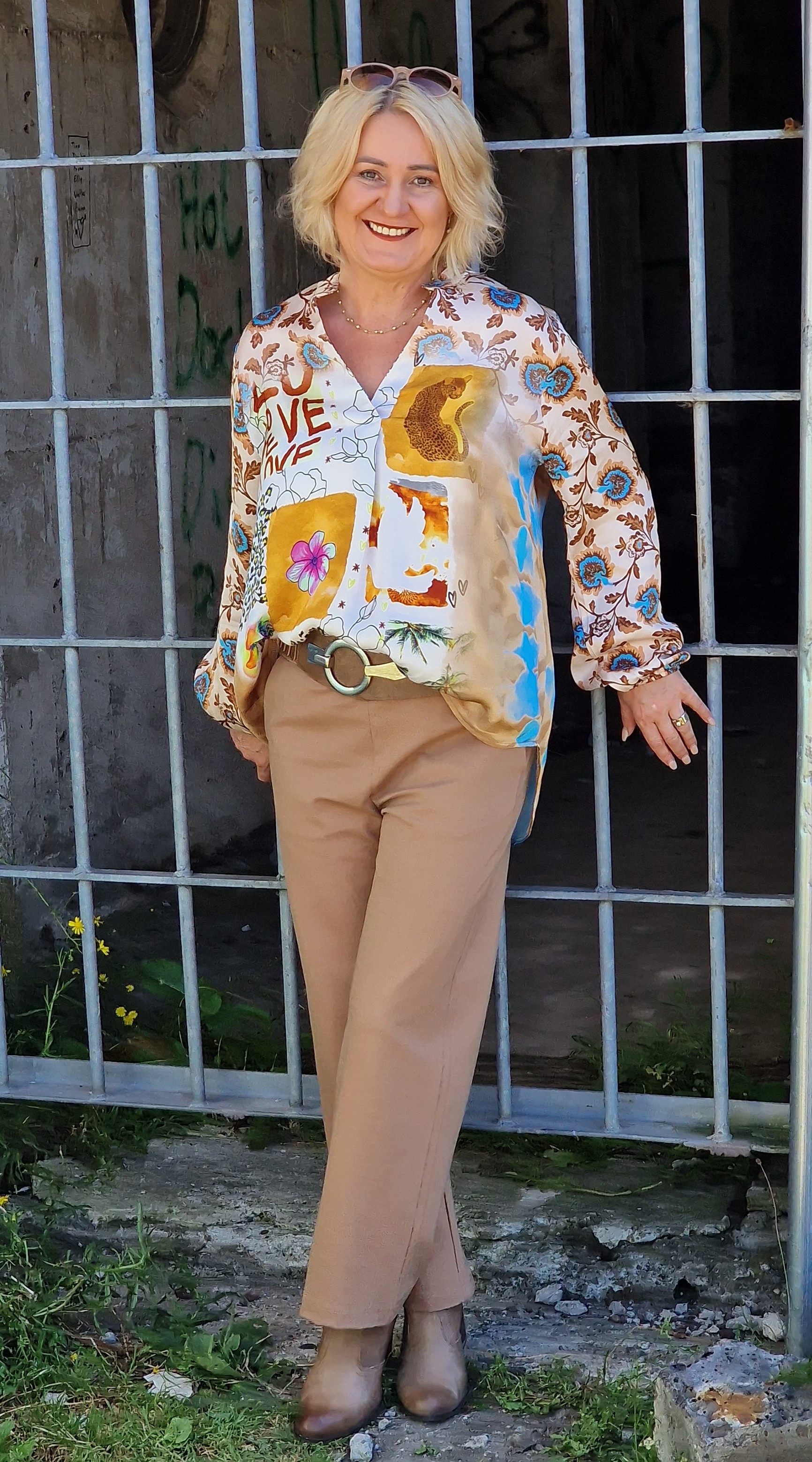 Printbluse "Leopard" –  leichte  Viskose Bluse –  Damenbluse Beige/Blau 