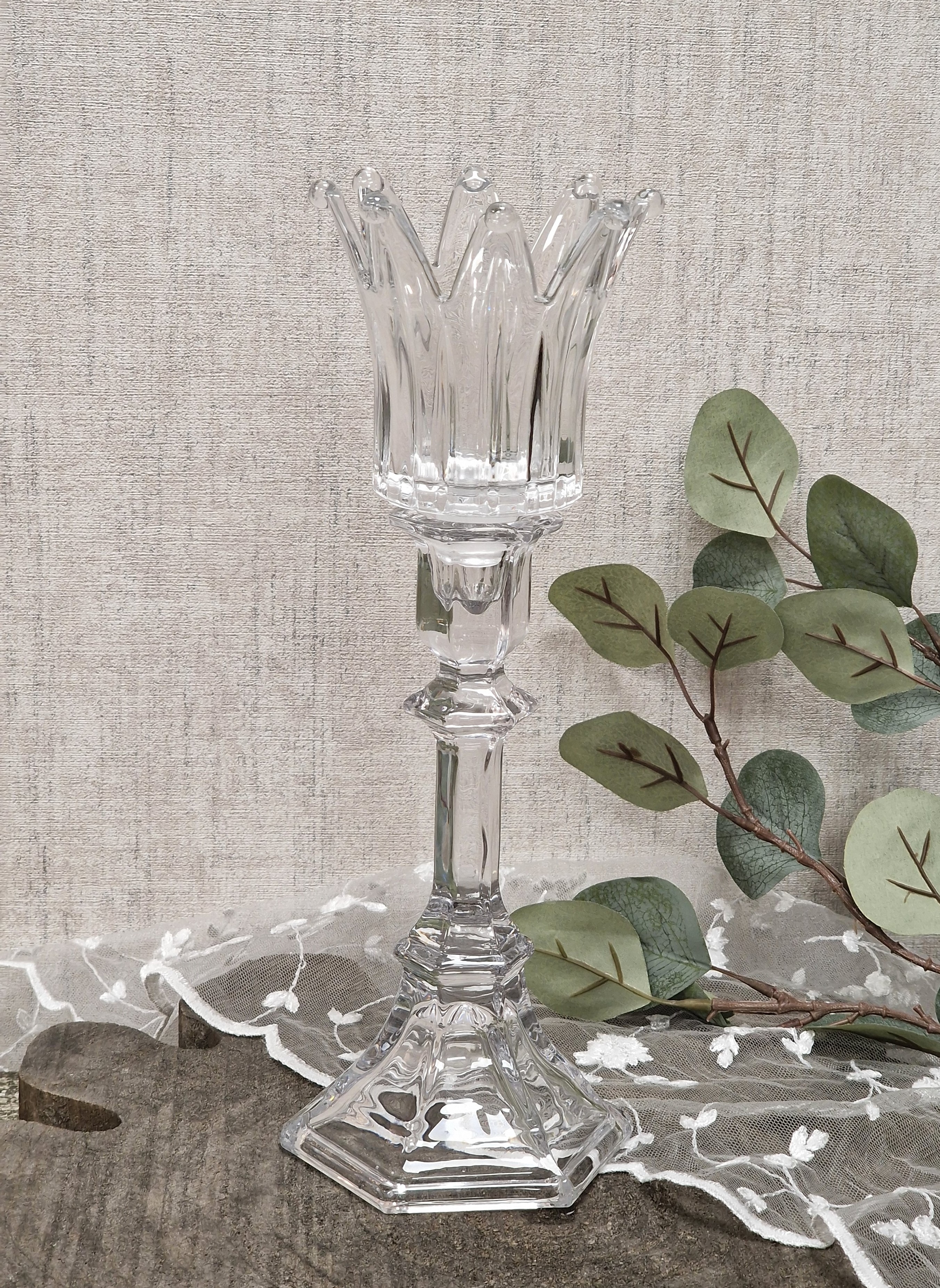 KRÖMER Teelichtaufsatz, Windlichtaufsatz, Aufsatzglas  "ROYAL Krone" für Kerzenleuchter – Glasaufsatz – Teelichtglas – Kerzenglas klar   für Kerzenständer 